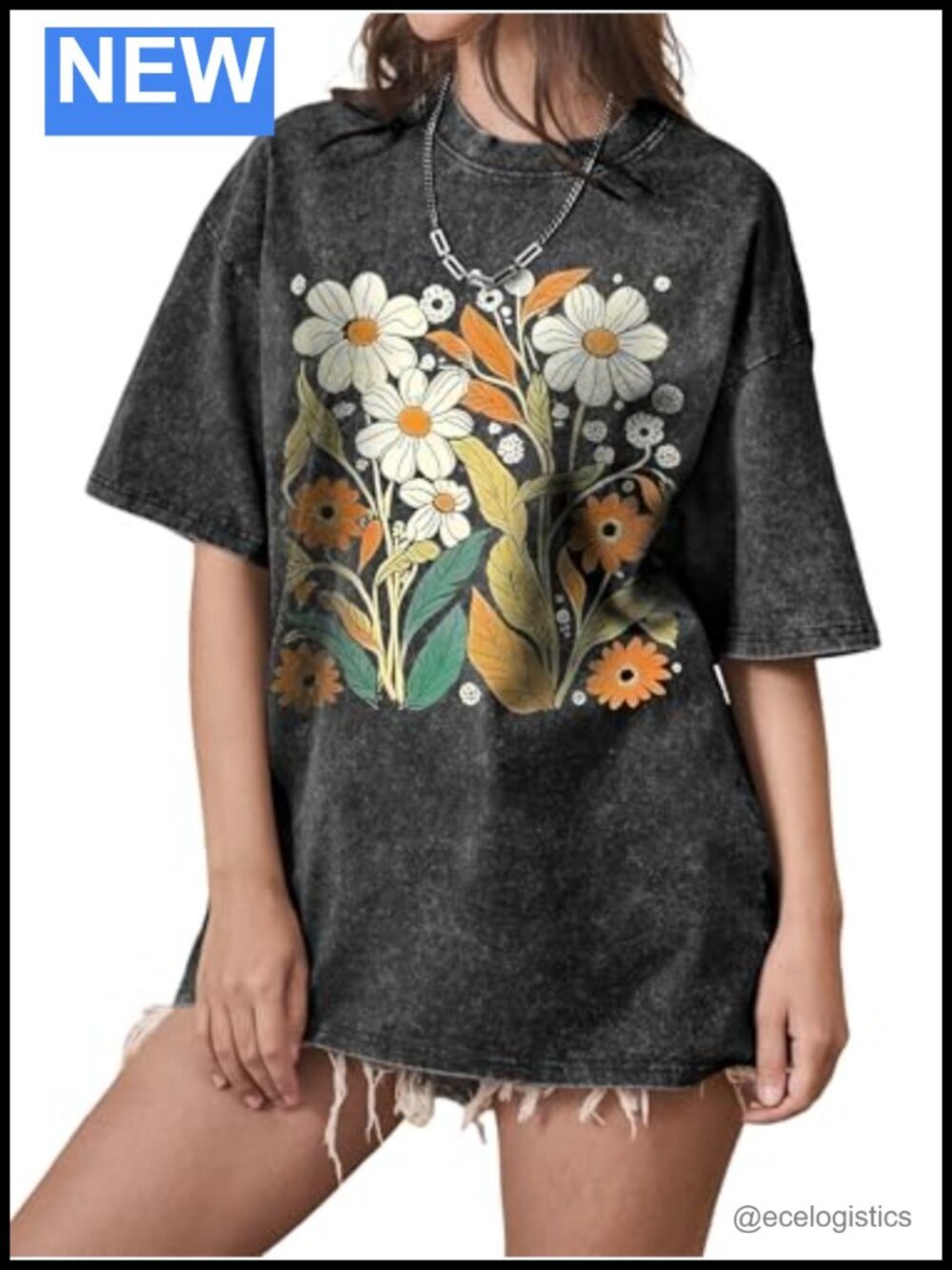 Oversized Vintage Acid Wash Graphic Tee with Flower Print, Casual Summer Loose